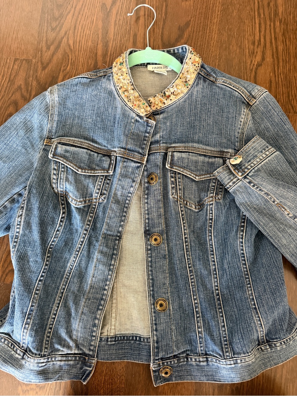 Harrods Light Blue Denim Jacket with Embellished Sequin Collar
